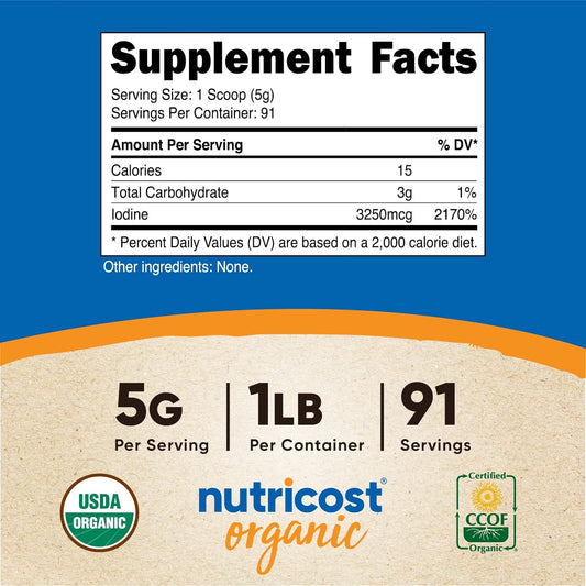Nutricost Organic Kelp Powder (Natural Source Of Iodine) 1 Lb - Usda Certified Organic, Gluten Free, Non-Gmo