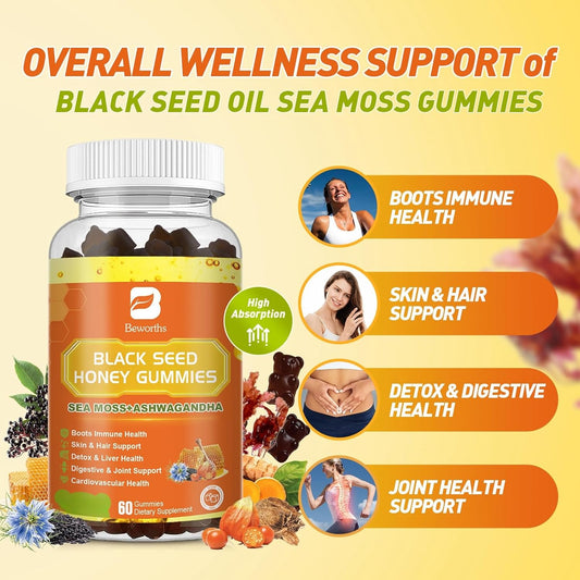 Black Seed Oil Sea Moss Gummies With Ashwagandha, Burdock Root, Linden Honey, Elderberry, Turmeric, Vitamin C, D3 & Zinc - Supports Immunity, Joints, Digestion, Hair & Skin, Vegan Gummies 60 Counts