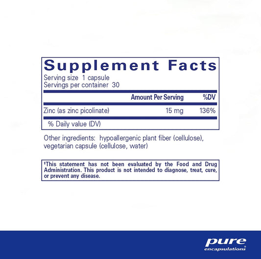 Pure Encapsulations Zinc 15 Mg - Zinc Picolinate Supplement For Immune System Support, Growth & Development - For Wound Healing - With Premium Zinc Picolinate - 30 Capsules