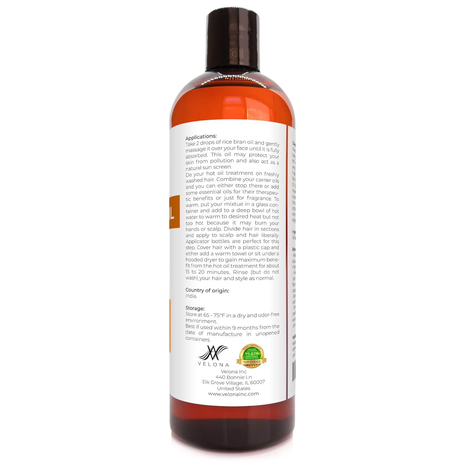 Rice Bran Oil by Velona - 16 oz | 100% Pure and Natural Carrier Oil | Refined, Cold Pressed | Cooking, Face, Hair, Body & Skin Care | Use Today - Enjoy Results : Beauty & Personal Care
