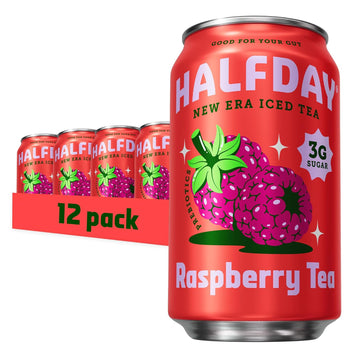 Halfday Prebiotic Raspberry Iced Tea Cans, Supports Digestive & Gut Health, 6G Plant Fiber & Prebiotics, Low Sugar, 35 Calories, Real Brewed Tea, Natural Caffeine, Gluten Free, 12 Fl Oz (12 Pack) Packaging May Vary
