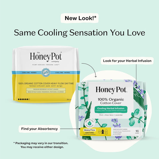 The Honey Pot Company - Herbal Sanitary Pads For Women - Heavy Flow W/Wings - Infused W/Essential Oils For Cooling Effect & Organic Cotton Cover - Feminine Care - Fsa & Hsa - 16 Ct