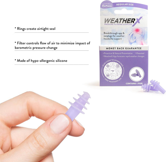 Weatherx Headache Prevention– Pressure Filtering Earplug For Shifts In Barometric Weather Pressure, Download Free Alert App (Regular 1 Pk)