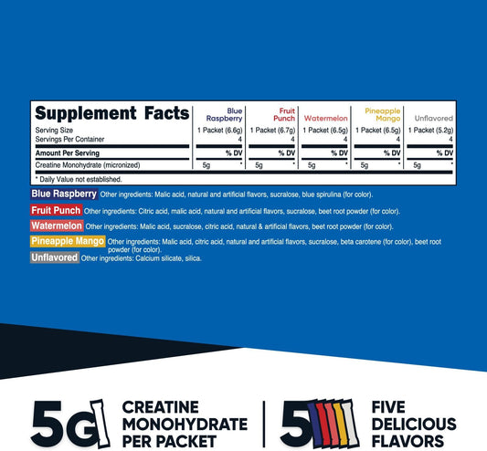 Nutricost Creatine Monohydrate Powder Variety Stickpacks (5 Flavors, 20 Servings) - Micronized, 5 Grams Of Creatine Monohydrate Per Pack