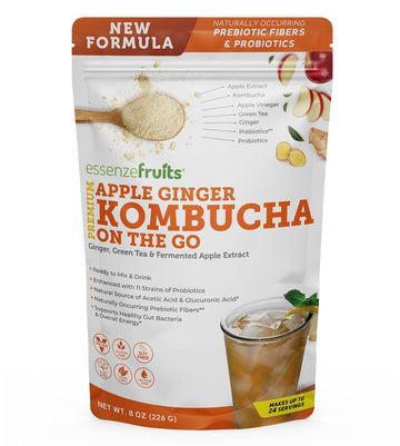 Essenzefruits Apple Ginger Kombucha Tea Powder Mix Beverage – Sugar Free, Fermented & Dried - Just Add Water! Live Probiotics & Prebiotic Blend, Vitamin C - Makes Up To 30 Cups (8 Oz, 226G)