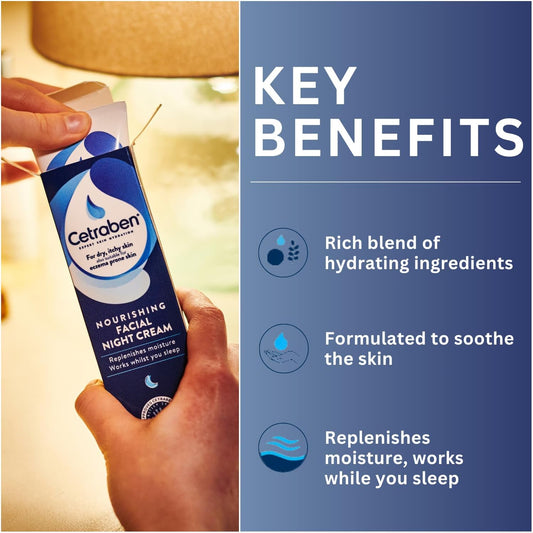 Cetraben Nourishing Facial Night Cream, Dry, Itchy & Eczema-Prone Skin, Replenishes Moisture, Soothes & Protects, Contains Jojoba And Shea Butter, Dermatologically Tested, Face Cream, 1 X 75G