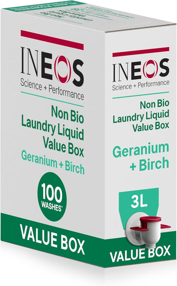 Ineos Next Gen Non Bio Laundry Washing Liquid Detergent, Stain Removal For Clothes, Plant Powered, Eco Value Box Geranium + Birch 3L, Stress Relieving Fragrance, Vegan, Cruelty Free