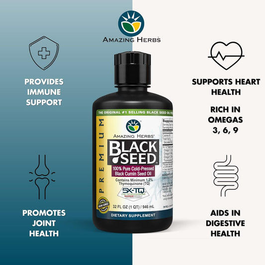Amazing Herbs Premium Black Seed Oil - Cold Pressed Nigella Sativa Aids In Digestive Health, Immune Support, Brain Function, Joint Mobility, Gluten Free, Non Gmo - 32 Fl Oz