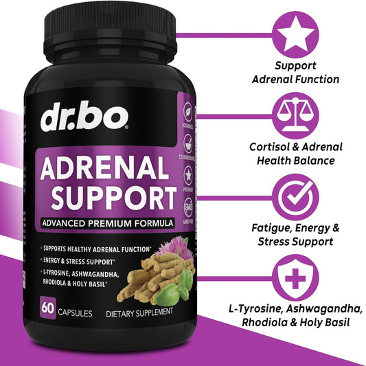 Adrenal Support Cortisol Manager Supplement - Adrenal Fatigue Supplements For Women & Men With Natural Adaptogen Ashwagandha Holy Basil Rhodiola L Tyrosine Complex Adrenal Cortisol Health - 60 Pills