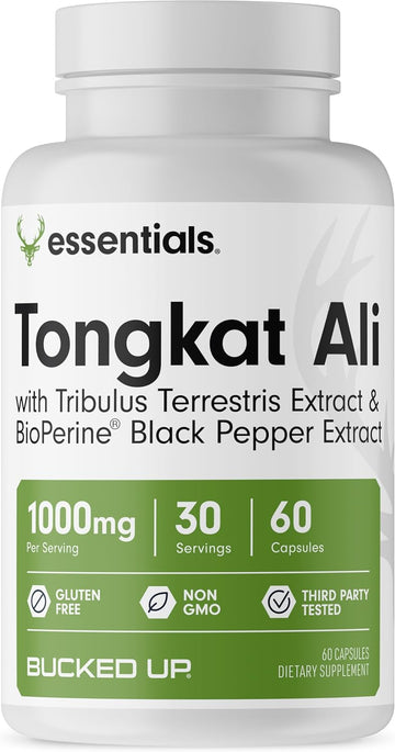 Bucked Up Tongkat Ali - 1000Mg Per Serving, Tribulus Terrestris Extract & Bioperine Black Pepper Extract Essentials (30 Servings, 60 Capsules)