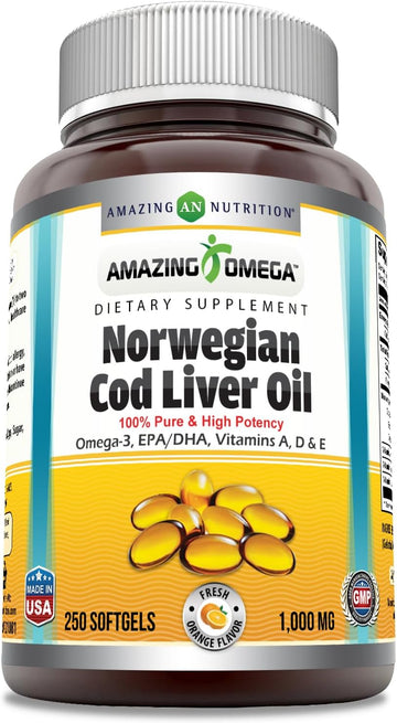 Amazing Omega Norwegian Cod Liver Oil 1000 Mg Softgels Supplement | Omega-3, Epa, Dha, Vitamin A, Vitamin D & Vitamin E (Orange | 250 Count)