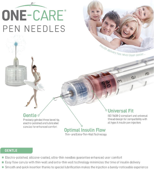 Medivena One-Care Pen Needles 32G X 4 Mm (5/32’’), 100/Bx, Ultra-Thin For Comfortable Insulin Injection