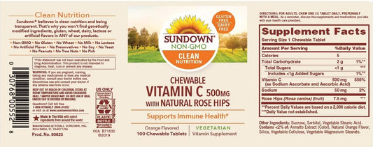 Sundown Naturals Chewable Vitamin C 500mg with Natural Rose Hips, Orange avored, 100 Tablets (Pack of 3)(Packaging May Vary)