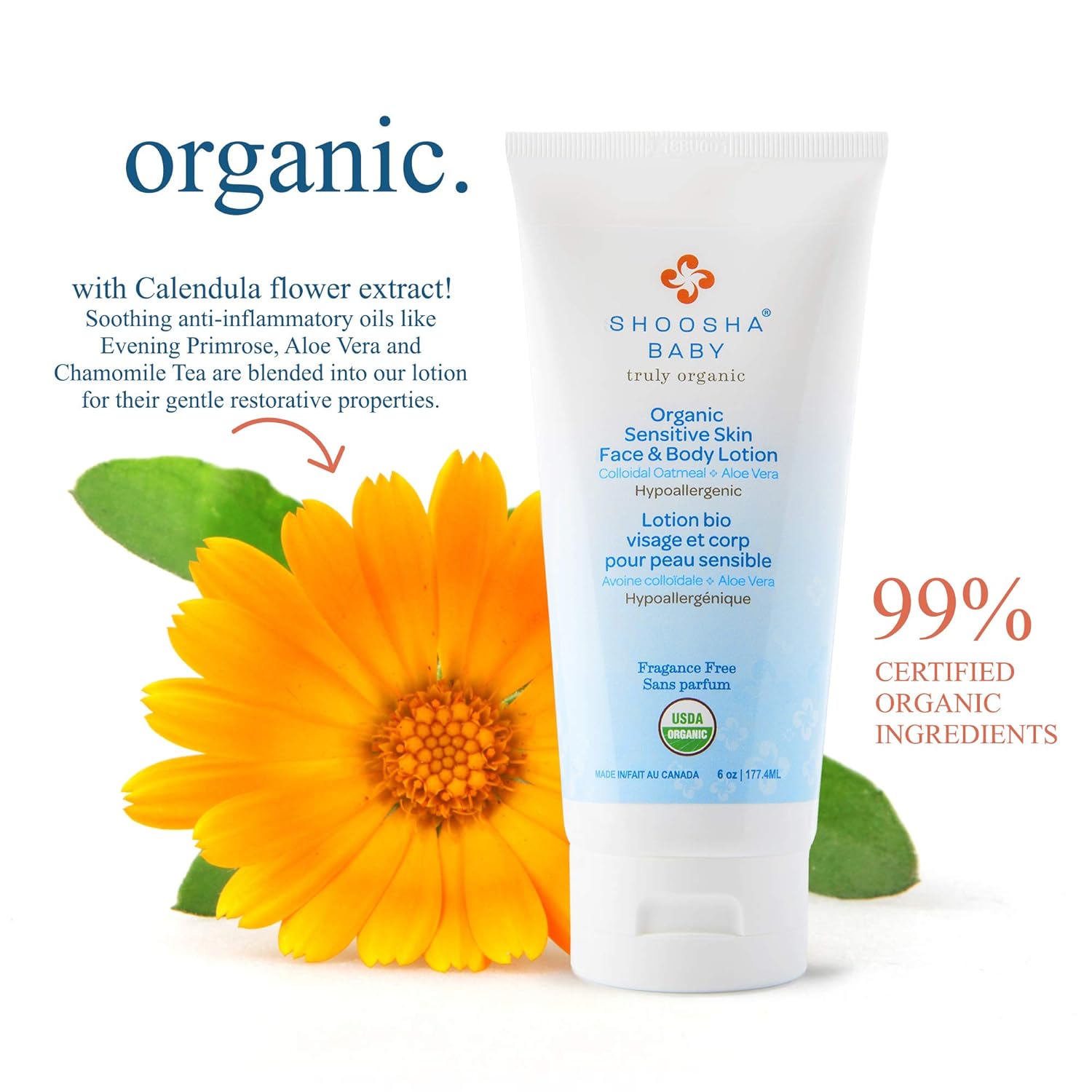 Shoosha Organic Baby Lotion Fragrance-Free, For Sensitive Skin, Organic Face And Body Lotion For Kids, Gluten-Free, Non-Sticky, 100% Biodegradable : Baby