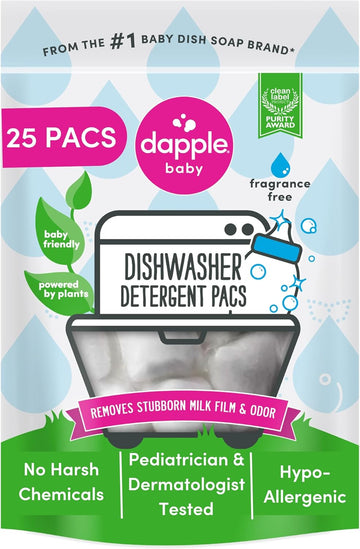 Dapple Baby Dishwasher Pacs, Fragrance Free Dishwasher Pods, Plant Based, Hypoallergenic, 25 Count