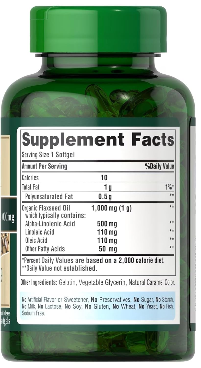 Puritan's Pride Premium Natural Flax Oil 1000 mg Omega-3, 6 & 9 Cold Pressed, 120 Softgels : Health & Household