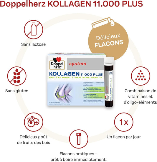 Doppelherz - Kollagen 11000 Plus - Collagen Hydrolysate, Chondroitin Sulphate, Vitamins C And D And Trace Elements - For Bones, Cartilages And Tendons - Wild Berry Flavour Liquid- 30 Bottles Of 25Ml