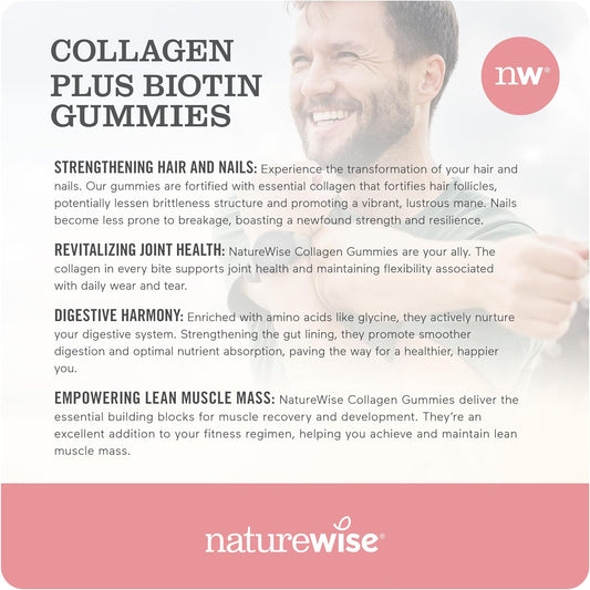 NatureWise Collagen Gummies with Biotin - Strawberry Lemon Flavor Infused with Essential Beauty Supplements for Skin, Hair, & Joint Support Like Vitamin E, Vitamin C, Zinc | 1-Month Supply, 60 Count