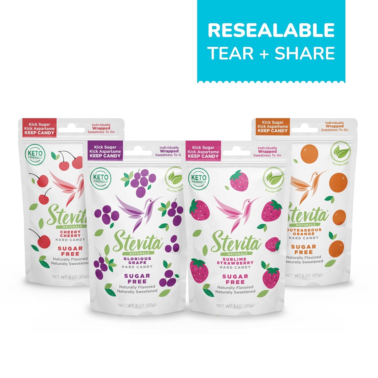 Stevita Hard Candy, Variety Pack - 12 Resealable Pouches - Includes Strawberry, Cherry, Orange & Grape Flavors - Sugar & Aspartame Free - Naturally Flavored & Sweetened - Non-Gmo, Gluten Free, Keto Friendly