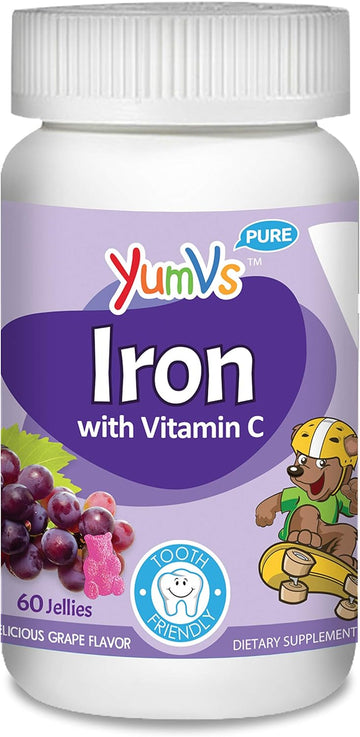 Yumvs Iron Jellies/Gummy Bears For Kids W/Vitamin C, Grape Flavor Chewables; Daily Dietary Supplement For Children, Vegan, Kosher/Halal, Gluten Free (60 Ct)