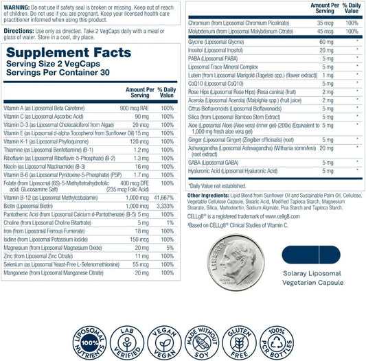 Solaray Liposomal Multivitamin For Women, Enhanced Absorption, High Potency W/Iron, Vitamin D, Vitamin C, B12, Biotin, Coq10, Immune Support, Bone Health, Vegan, 30 Servings, 60 Vegcaps