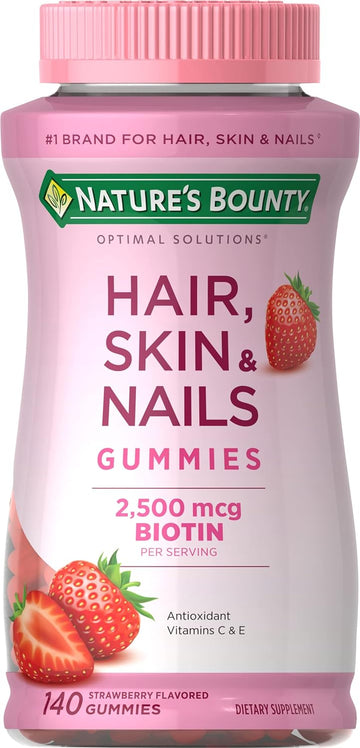 Nature'S Bounty Hair, Skin & Nails With Biotin, Strawberry Gummies Vitamin Supplement, Supports Hair, Skin, And Nail Health For Women, 2500 Mcg, 140 Ct