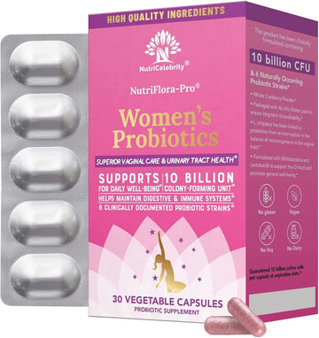 Nutricelebrity Nutriflora-Pro Probiotics For Women - Support Vaginal, Urinary Health (Uti), Digestive System, Period Pain, Yeast, And Bv Relief, Cranberry Pills, 10 Billion Cfu 6 Strains (30 Caps)