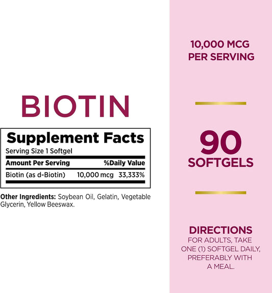 Nature'S Bounty Biotin 10000Mcg Supplement, Supports Healthy Hair, Skin And Nails, Optimal Solutions Hair Vitamin With Biotin, 90 Rapid Release Liquid Softgels