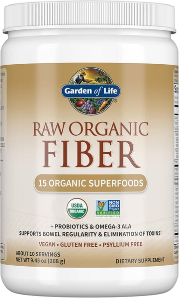 Garden Of Life Raw Organic Fiber Supplement Powder - 10 Servings, 15 Organic Superfoods + Probiotics & Omega-3 Ala, 4G Soluble & 5G Insoluble Fiber For Regularity - Psyllium Free