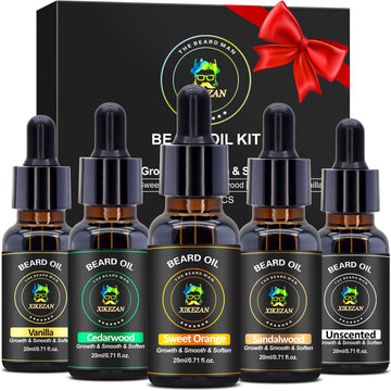 Xikezan 5 Pack Beard Oil Set W/Sandalwood, Orange, Vanilla, Cedarwood, Unscented For Beard Care, Moisturizing, Soften,Birthday Gifts For Men Him Dad Husband Christmas Gifts Stocking Stuffers