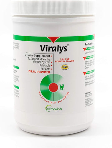 Vetoquinol Viralys L-Lysine Supplement For Cats, 21Oz/600G - Cats & Kittens Of All Ages - Immune Health - Sneezing, Runny Nose, Squinting, Watery Eyes - Palatable Fish & Poultry Flavored Lysine Powder