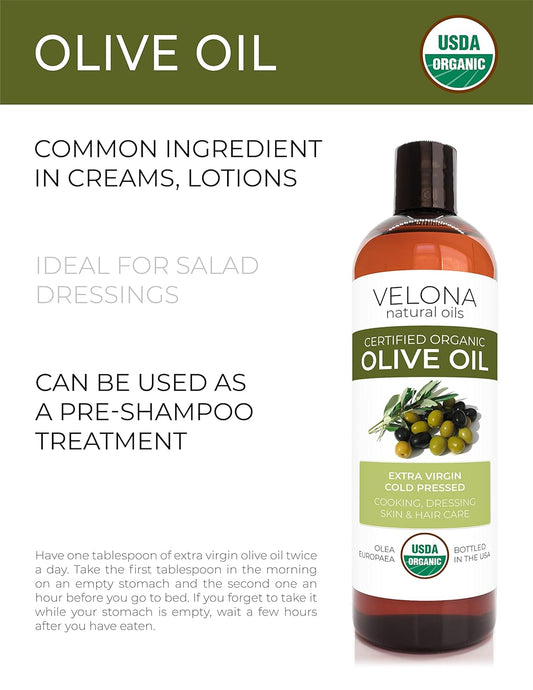 Velona Usda Certified Organic Olive Oil - 16 Oz | 100% Pure And Natural Carrier Oil | Extra Virgin, Unrefined, Cold Pressed