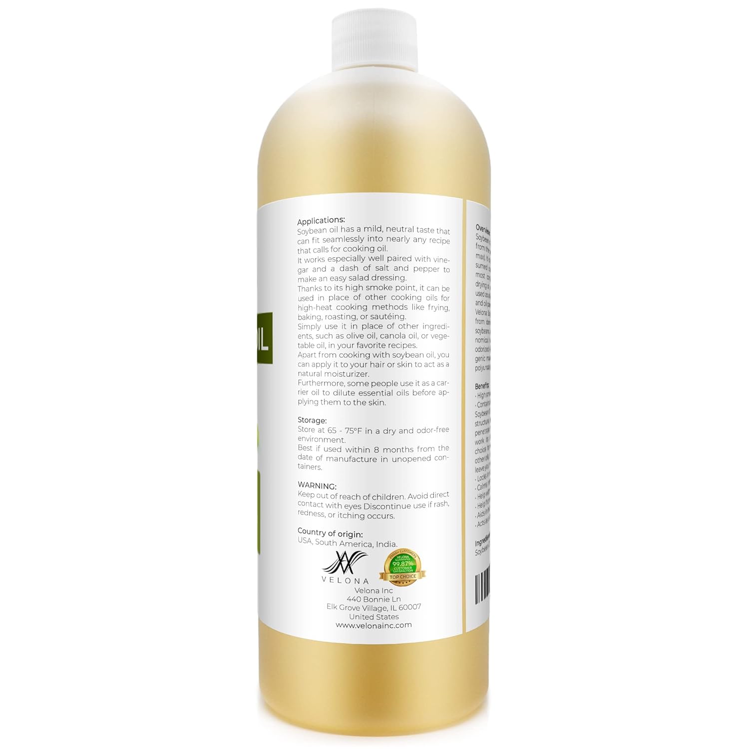 velona Soybean Oil - 32 oz | 100% Pure and Natural Carrier Oil | Refined | Cooking, Baking, Skin, Hair, Body & Face Moisturizing | Use Today - Enjoy Results : Beauty & Personal Care