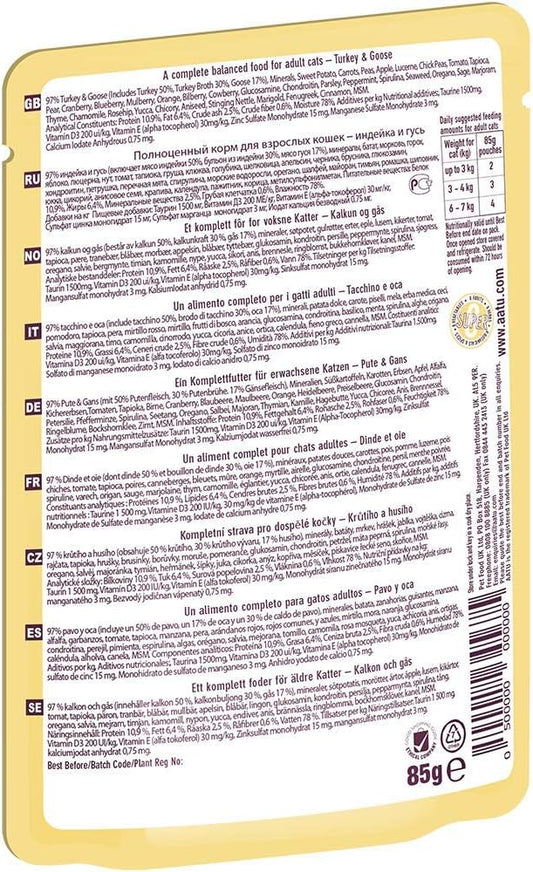 Aatu 97/3 Wet Cat Food - Turkey & Goose (10X85G) - Grain Free Recipe With No Artificial Ingredients - Easy Tear Pouches