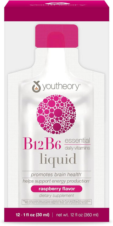 Youtheory Vitamin B12 B6, Daily Energy And Brain Support Supplement, Liq Raspberry Avor, 12  1 Single Serving Packets