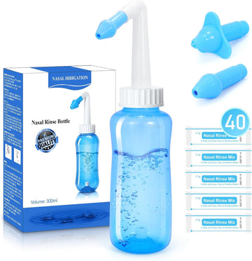 Netty Bottle Sinus Rinse Kit, Nasal Irrigation System For Adults & Kids, 300Ml Neti Pot Sinus Rinse Bottle With 40 Neti Pot Saline Packets, Nose Cleaner Effective Nasal Cleaner & Flush