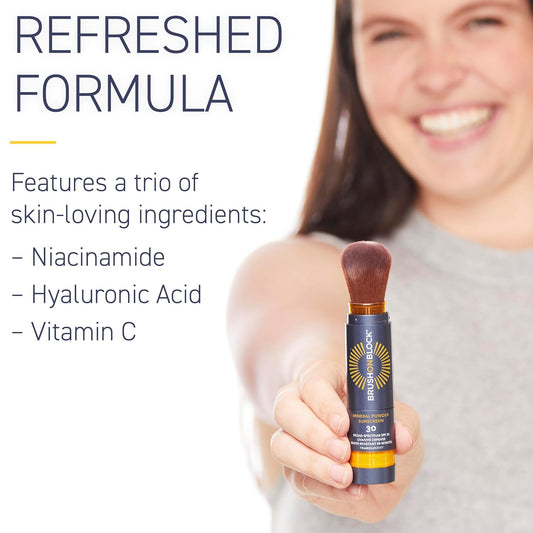 Brush On Block Spf 30 Mineral Powder Sunscreen New Formula, With Niacinamide, Hyaluronic Acid, & Vitamin C, Broad Spectrum, Water Resistant, Translucent, For All Skin Types, Reef Friendly, Mfg In Usa