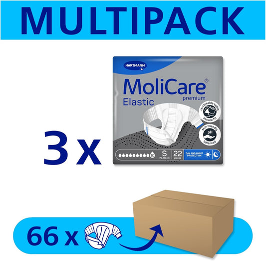 Molicare Premium Elastic Unisex Disposable Slip: Discreet Use For Woman And Men With Incontinence; 10 Drops, Size S, 3 Packs Of 22 (66 Pieces)