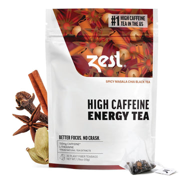 Zest 150Mg High Caffeine Energy Leaf Blend - Spicy Masala Chai Black Tea - 20 Pack Bag - All Natural Strong Flavored Healthy Coffee Alternative Highly Caffeinated Substitute - Perfect For Keto Diet