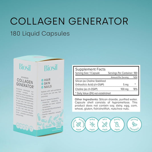 Biosil Collagen Generator - 180 Liquid Capsules - With Patented Ch-Osa Complex - Generates & Protects Your Own Collagen - Gmo Free - 90-Day Supply