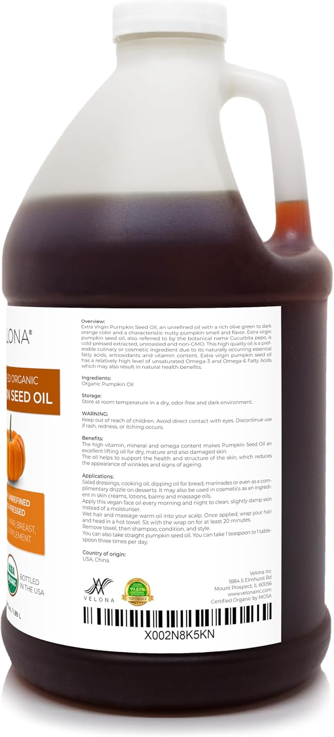 velona Pumpkin Seed Oil USDA Certified Organic - 64 oz | 100% Pure and Natural Carrier Oil | Unrefined, Cold Pressed : Beauty & Personal Care