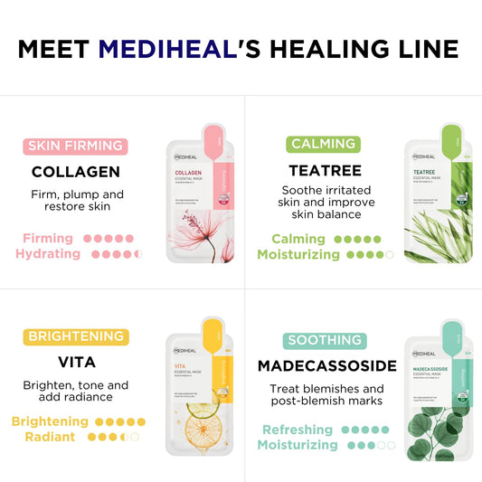 Mediheal Official Best Korean Sheet Mask - Collagen Teatree Essential Face Mask 20 Sheets Lifting Firming Calming Soothing For All Skin Types