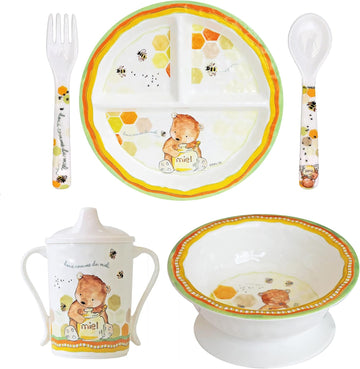 Kids And Baby Melamine Place Setting Sippy Cup, Suctions Bowl, Section Plate And Fork Spoon Set (Sweet As Honey)