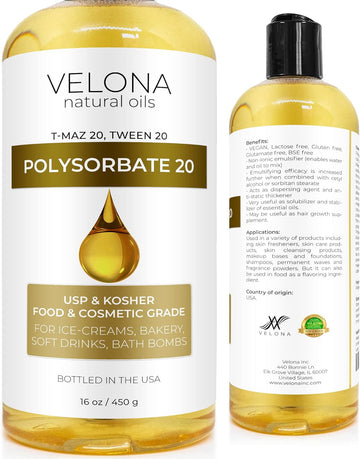 Polysorbate 20 by Velona - 16 oz | Solubilizer, Food & Cosmetic Grade | All Natural for Cooking, Skin Care and Bath Bombs