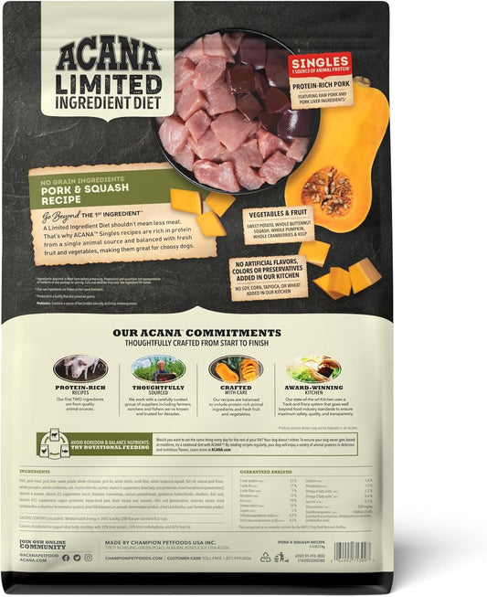 Acana Singles Limited Ingredient Dry Dog Food, Grain Free, High Protein, Pork & Squash Recipe, 4.5 Lb
