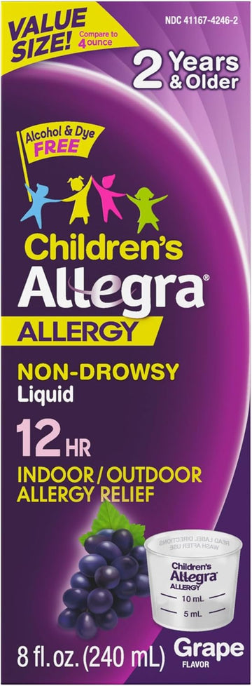Allegra Children'S 12-Hour Allergy Relief Liquid, Non-Drowsy Indoor And Outdoor Allergy Medicine, 30 Mg Fexofenadine Hci Antihistamine For Kids, Grape Flavor, 4 Oz