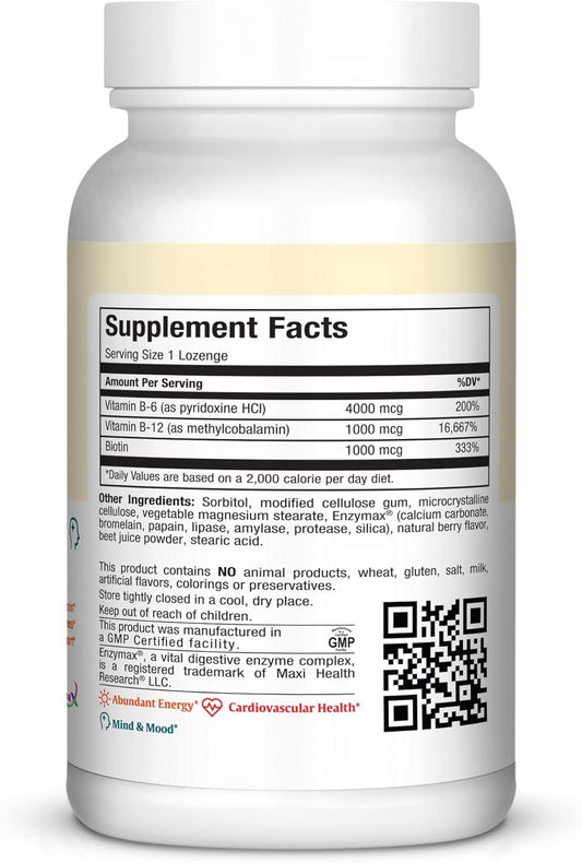 Maxi Health Triple B Lozenges - Vitamin B12 & B6 & Biotin - Strawberry Flavor - 90 Chewies - Kosher