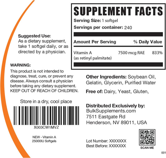 Bulksupplements.Com Vitamin A 25000 Iu Softgels - Vitamin A Retinyl Palmitate, Vitamin A Pills - Vitamin A Supplement, Eye Supplements - Gluten Free, 1 Softgel Per Serving, 240 Softgels