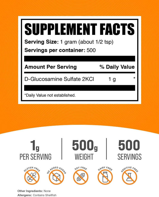 Bulksupplements.Com Glucosamine Sulfate Powder - Glucosamine Supplement, Glucosamine Powder - For Joint Support, Gluten Free, 1000Mg Per Serving, 500G (1.1 Lbs) (Pack Of 1)