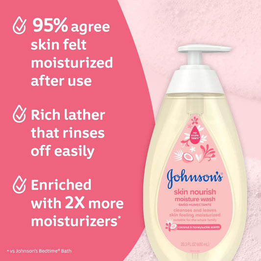Johnson'S Baby Skin Nourish Baby Moisture Wash + Coconut & Honeysuckle Scents Cleanses & Leaves Skin Moisturized, Hypoallergenic Body Wash, Baby Bath Essential, Sulfate-Free, 20.3 Fl. Oz